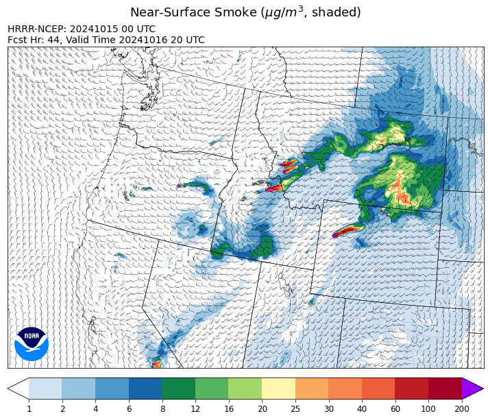 By midday Wednesday, the HRRR smoke model shows decreasing surface smoke as a cold front marches across the state.